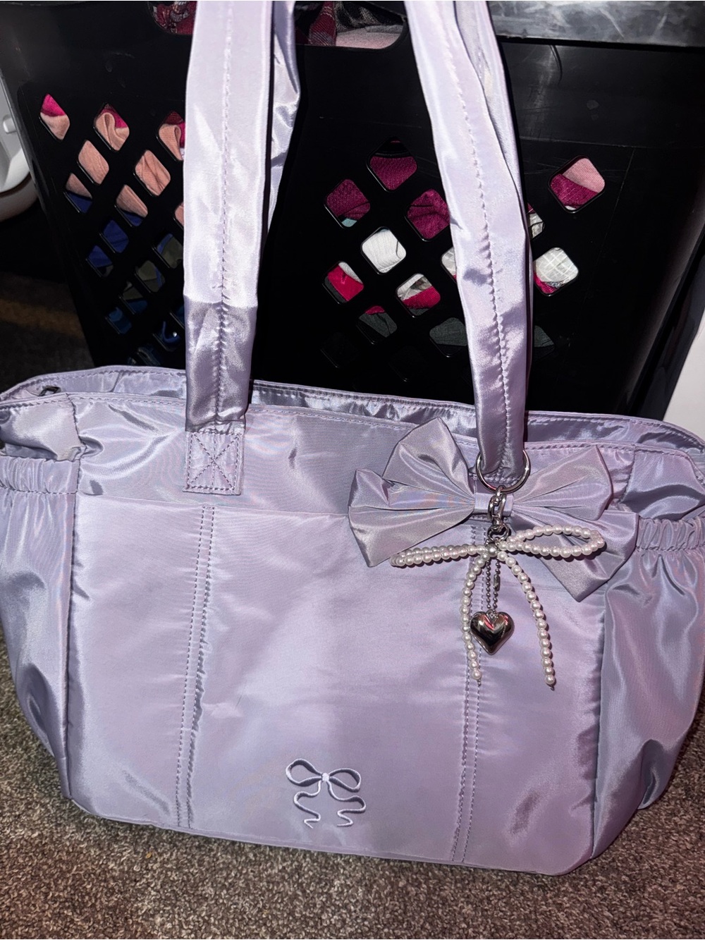 Lavender Bow Tote Bag with Heart Charm - Women Bags